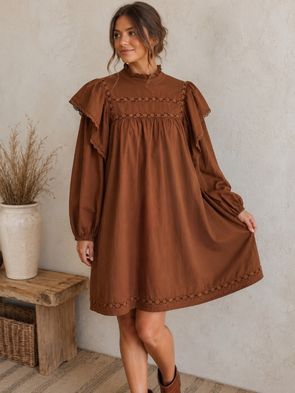 The Get Cotton Dress Womens L Brown Prairie Cottagecore Ruffle Long Sleeve